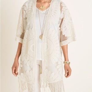Chico’s Lace fringe embroidered kimono coverup size 3p 16 petite cream color NWT